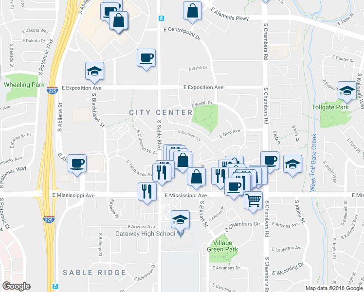 map of restaurants, bars, coffee shops, grocery stores, and more near 922 South Dearborn Way in Aurora