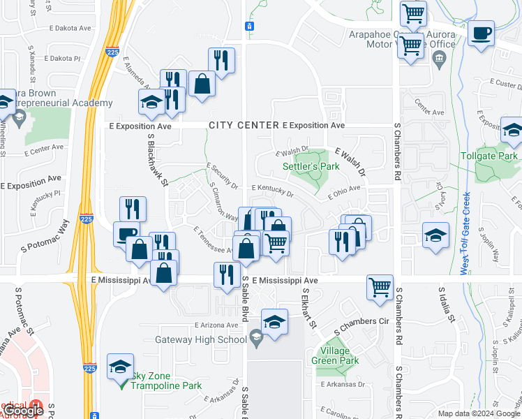 map of restaurants, bars, coffee shops, grocery stores, and more near 920 South Dawson Way in Aurora