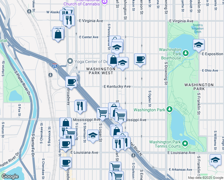map of restaurants, bars, coffee shops, grocery stores, and more near 895 South Pearl Street in Denver
