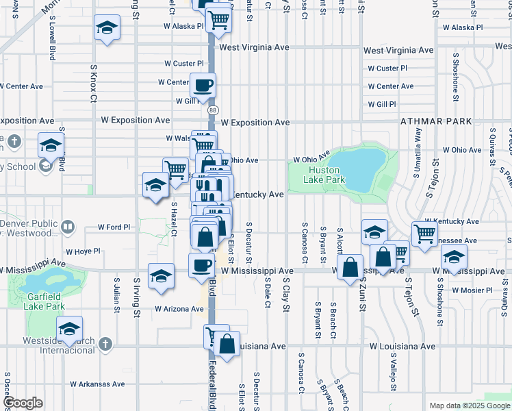 map of restaurants, bars, coffee shops, grocery stores, and more near 898 South Decatur Street in Denver