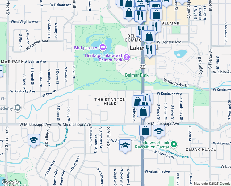 map of restaurants, bars, coffee shops, grocery stores, and more near 7916 West Kentucky Avenue in Denver