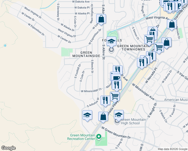 map of restaurants, bars, coffee shops, grocery stores, and more near 866 South Cole Drive in Lakewood