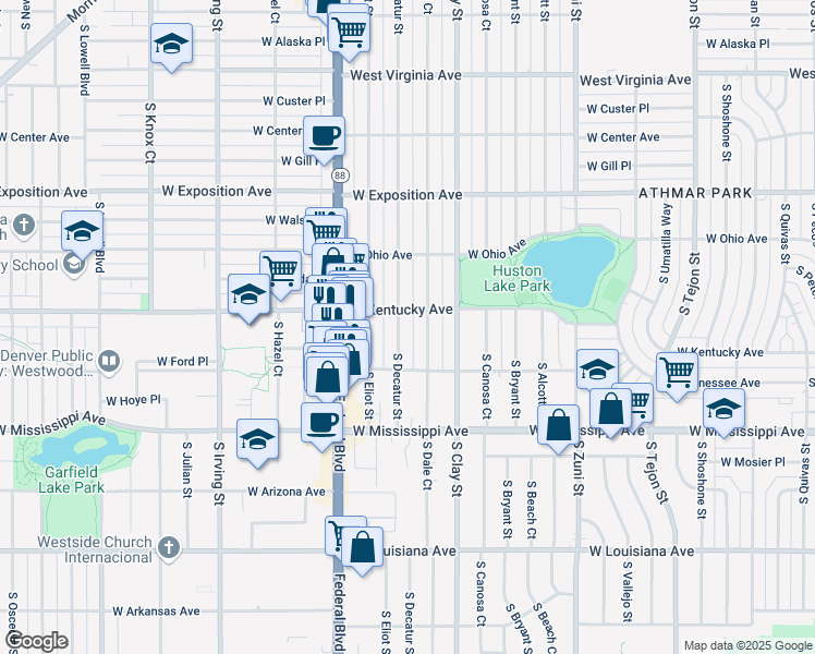 map of restaurants, bars, coffee shops, grocery stores, and more near 898 South Decatur Street in Denver
