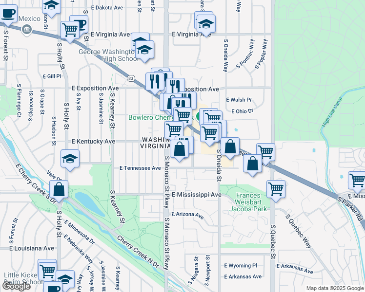map of restaurants, bars, coffee shops, grocery stores, and more near 890 South Monaco Street Parkway in Denver