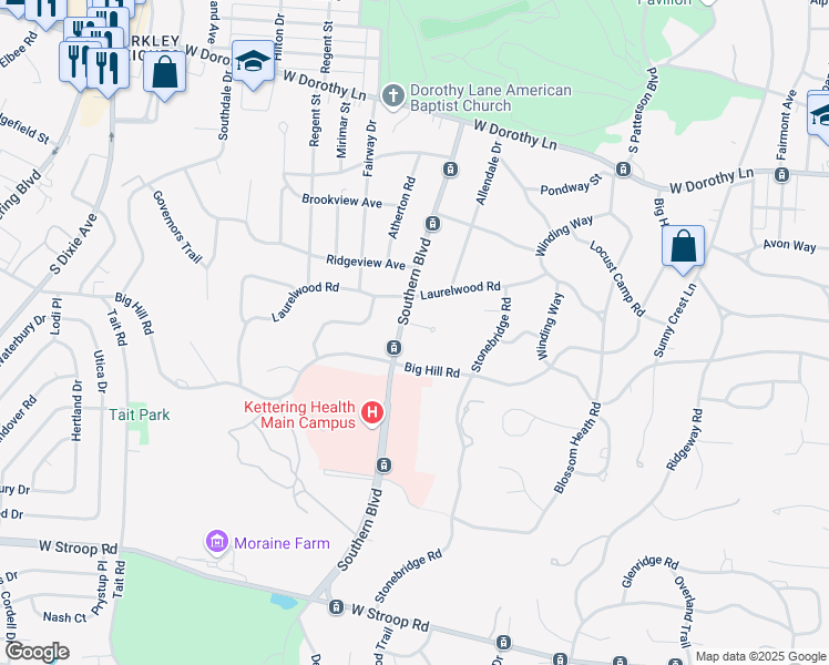 map of restaurants, bars, coffee shops, grocery stores, and more near 1002 Laurelwood Road in Dayton