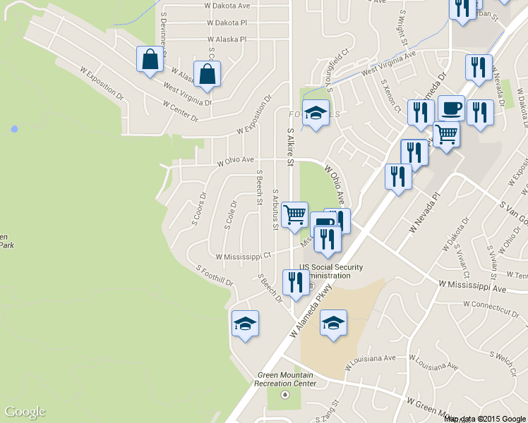 map of restaurants, bars, coffee shops, grocery stores, and more near 866 S Cole Dr in Lakewood
