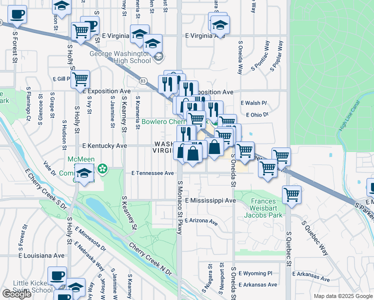map of restaurants, bars, coffee shops, grocery stores, and more near 890 South Monaco Street Parkway in Denver