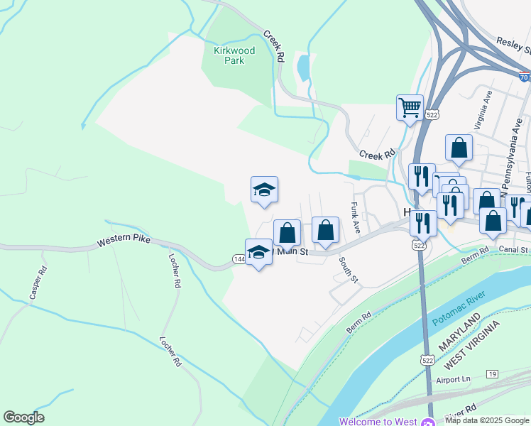 map of restaurants, bars, coffee shops, grocery stores, and more near 290 West Main Street in Hancock