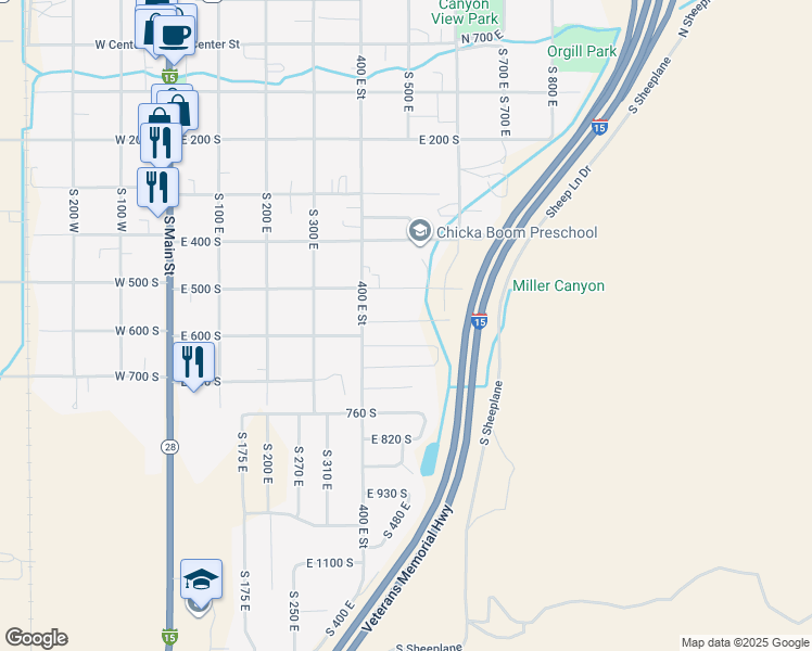 map of restaurants, bars, coffee shops, grocery stores, and more near 552 East 570 South in Nephi
