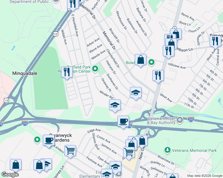 map of restaurants, bars, coffee shops, grocery stores, and more near 25 Onaway Place in New Castle