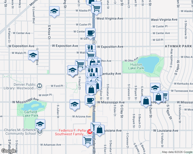 map of restaurants, bars, coffee shops, grocery stores, and more near 916 South Federal Boulevard in Denver