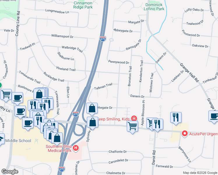 map of restaurants, bars, coffee shops, grocery stores, and more near 204 Saundra Court in Dayton