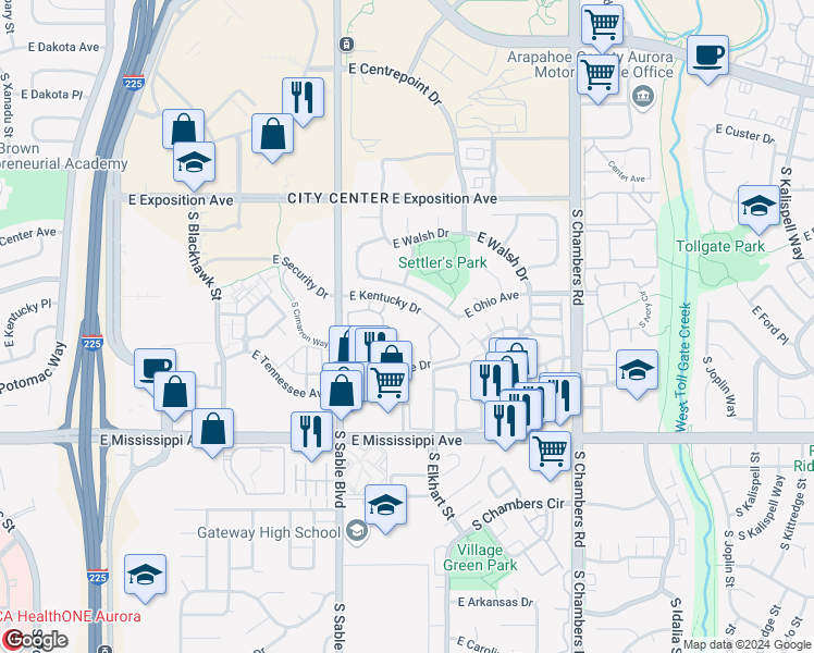 map of restaurants, bars, coffee shops, grocery stores, and more near 922 South Dearborn Way in Aurora