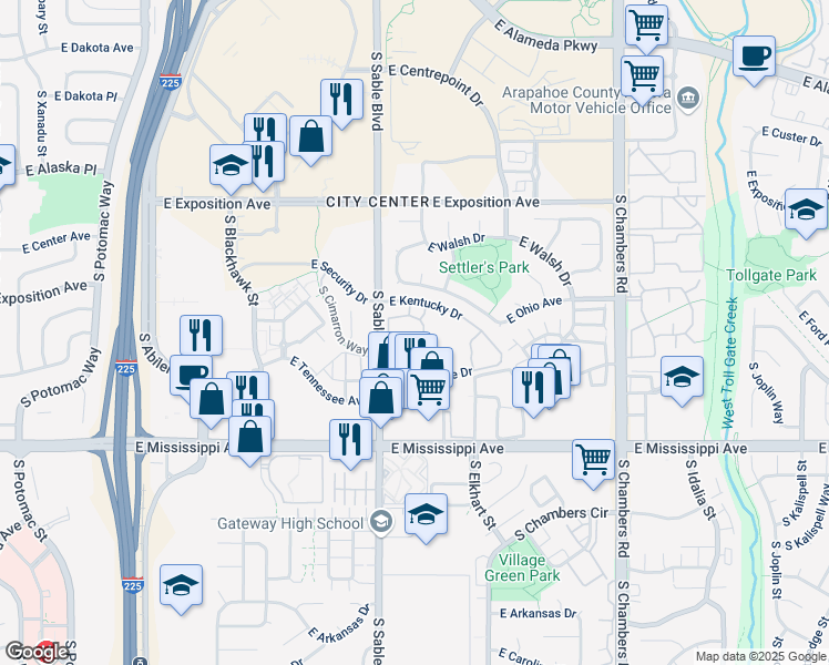 map of restaurants, bars, coffee shops, grocery stores, and more near 920 South Dawson Way in Aurora