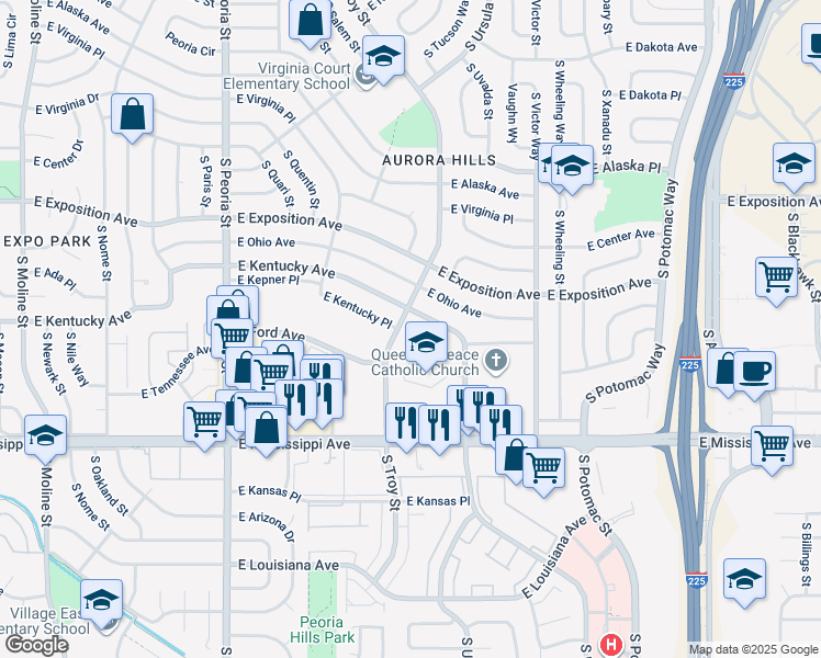 map of restaurants, bars, coffee shops, grocery stores, and more near in Aurora