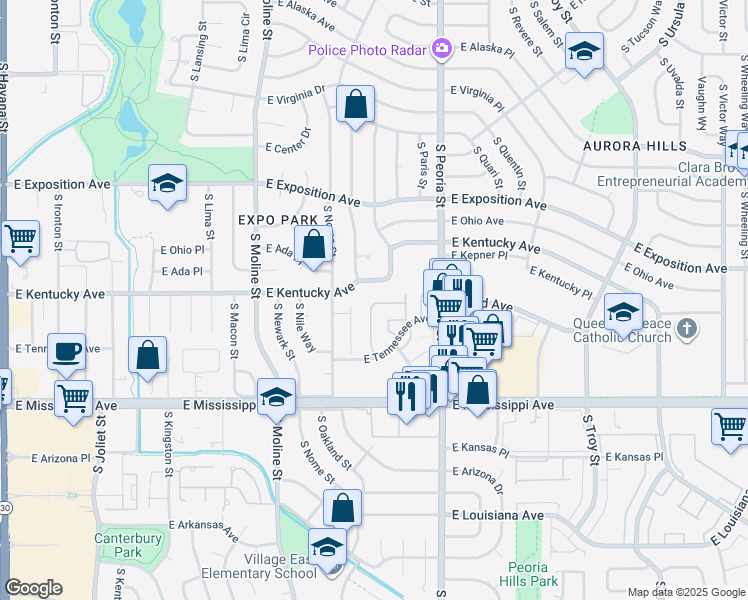 map of restaurants, bars, coffee shops, grocery stores, and more near 11822 East Kentucky Avenue in Aurora