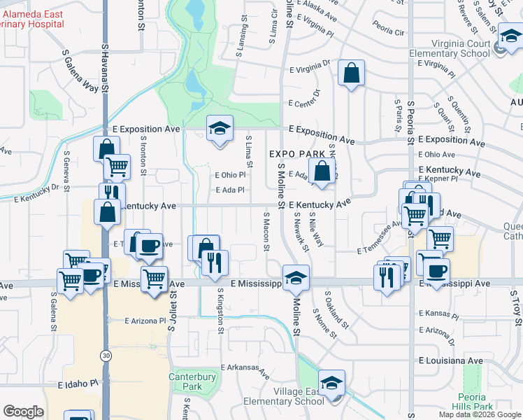 map of restaurants, bars, coffee shops, grocery stores, and more near 11433 East Kentucky Avenue in Aurora