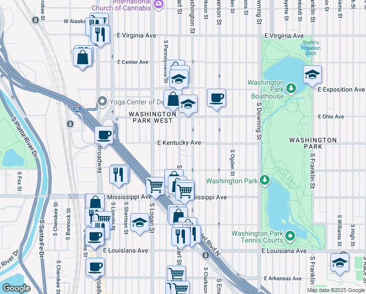 map of restaurants, bars, coffee shops, grocery stores, and more near 895 South Pearl Street in Denver