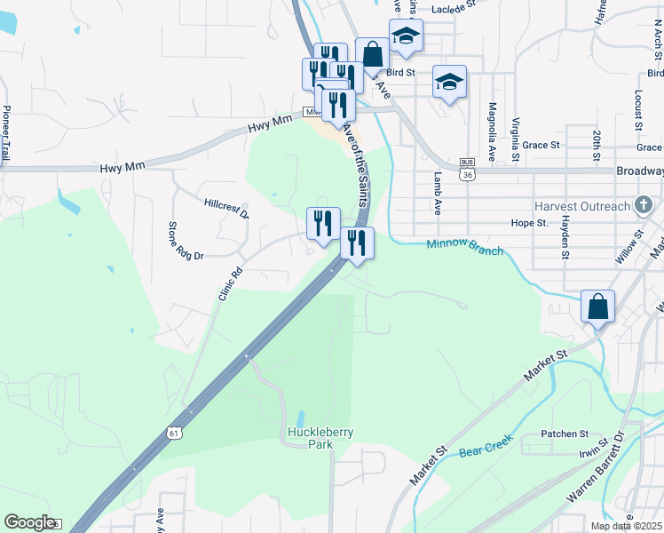 map of restaurants, bars, coffee shops, grocery stores, and more near 421 Clinic Road in Hannibal