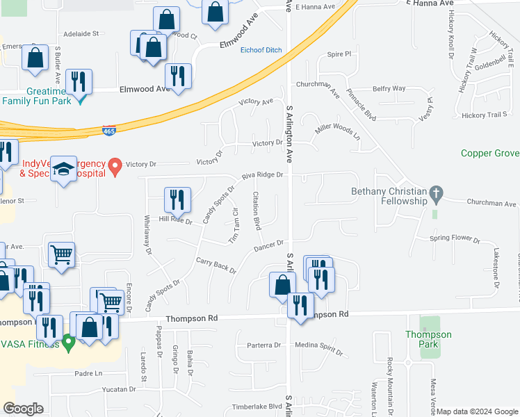 map of restaurants, bars, coffee shops, grocery stores, and more near 4627 Citation Boulevard in Indianapolis