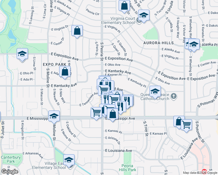 map of restaurants, bars, coffee shops, grocery stores, and more near 12183 East Ford Avenue in Aurora
