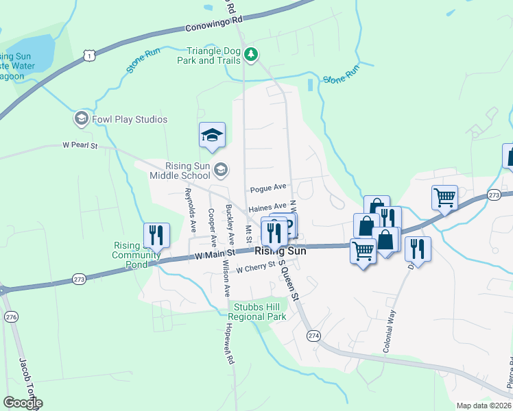 map of restaurants, bars, coffee shops, grocery stores, and more near 27 Haines Avenue in Rising Sun