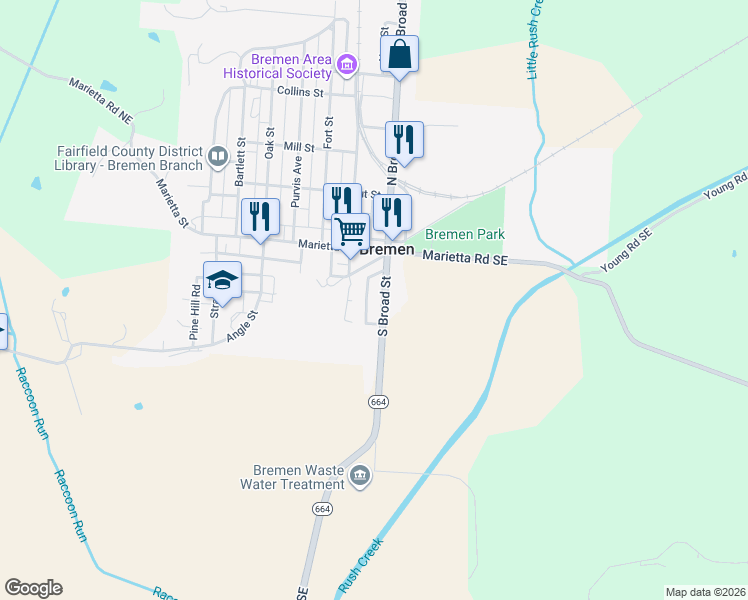 map of restaurants, bars, coffee shops, grocery stores, and more near 103 South Mulberry Street in Bremen