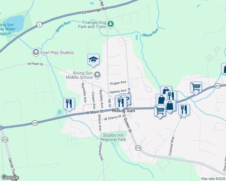 map of restaurants, bars, coffee shops, grocery stores, and more near 27 Haines Avenue in Rising Sun