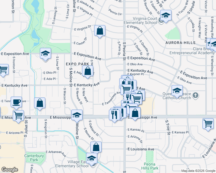 map of restaurants, bars, coffee shops, grocery stores, and more near 11822 East Kentucky Avenue in Aurora