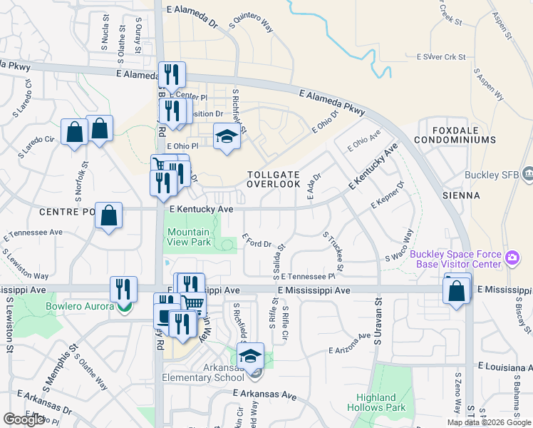 map of restaurants, bars, coffee shops, grocery stores, and more near 887 South Rifle Court in Aurora