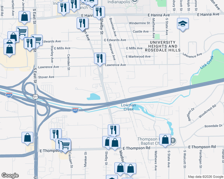 map of restaurants, bars, coffee shops, grocery stores, and more near 1185 Moffitt Street in Indianapolis