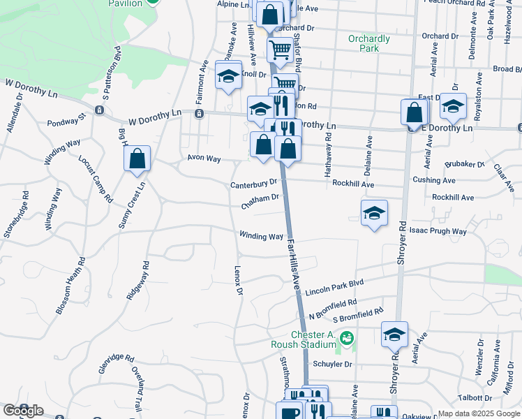 map of restaurants, bars, coffee shops, grocery stores, and more near 148 Chatham Drive in Dayton