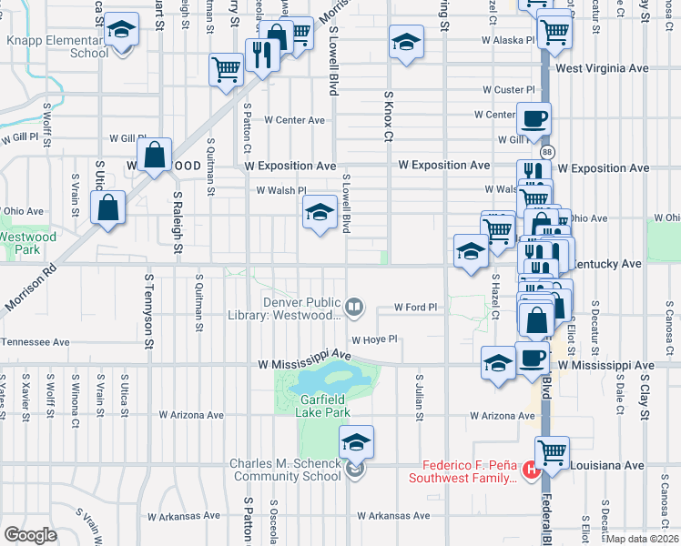 map of restaurants, bars, coffee shops, grocery stores, and more near 3575 West Kentucky Avenue in Denver