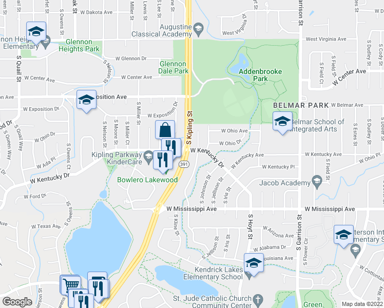 map of restaurants, bars, coffee shops, grocery stores, and more near 900 South Kipling Parkway in Lakewood