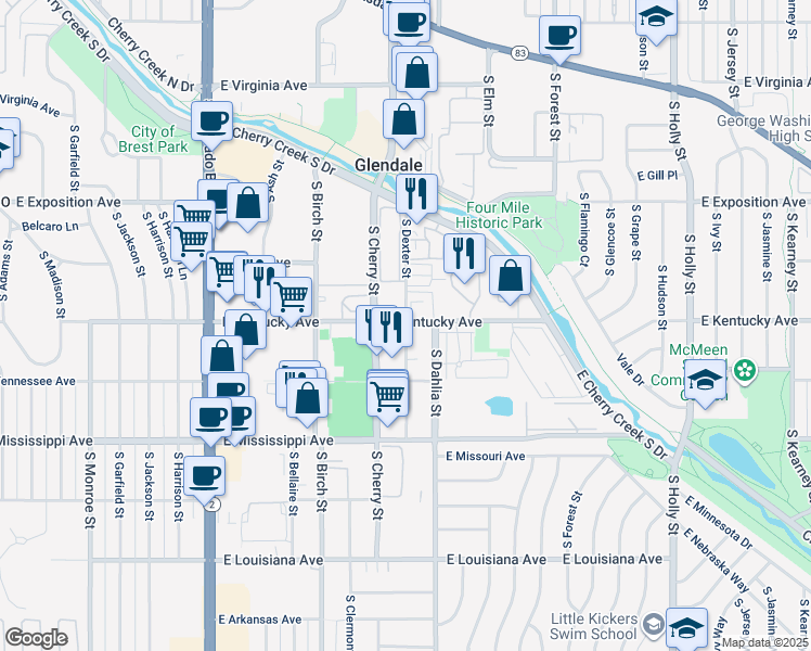map of restaurants, bars, coffee shops, grocery stores, and more near in Denver