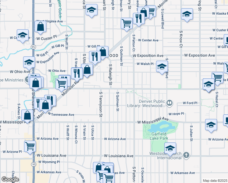 map of restaurants, bars, coffee shops, grocery stores, and more near 4189 West Kentucky Avenue in Denver