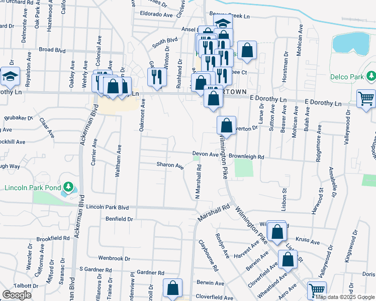 map of restaurants, bars, coffee shops, grocery stores, and more near 3125 Rushland Drive in Kettering