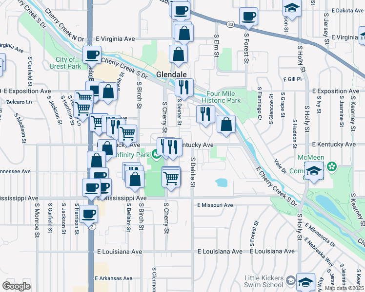 map of restaurants, bars, coffee shops, grocery stores, and more near in Denver