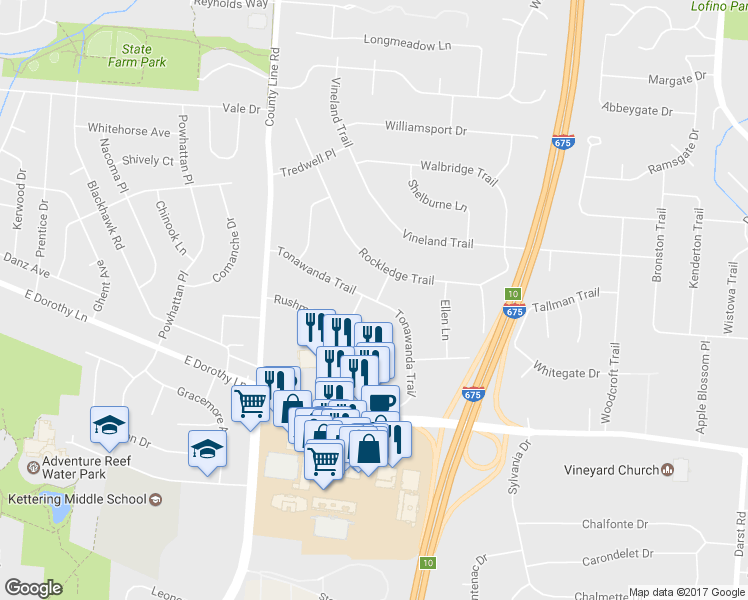 map of restaurants, bars, coffee shops, grocery stores, and more near 4235 Tonawanda Trail in Beavercreek