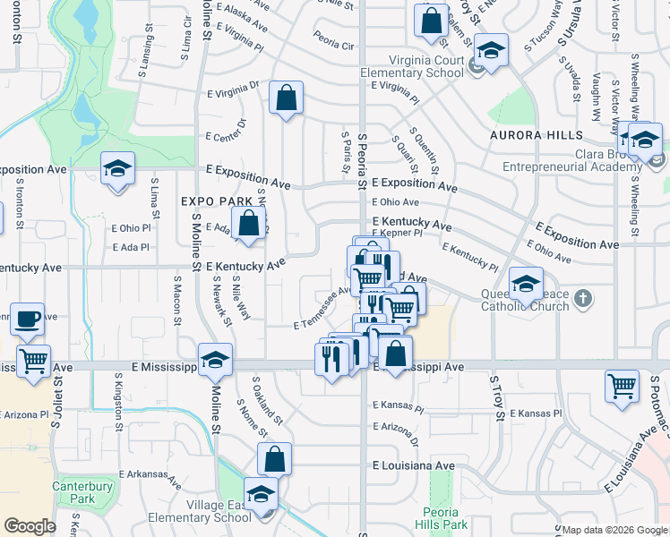 map of restaurants, bars, coffee shops, grocery stores, and more near 910 South Paris Court in Aurora