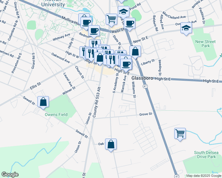 map of restaurants, bars, coffee shops, grocery stores, and more near 37 Academy Street South in Glassboro