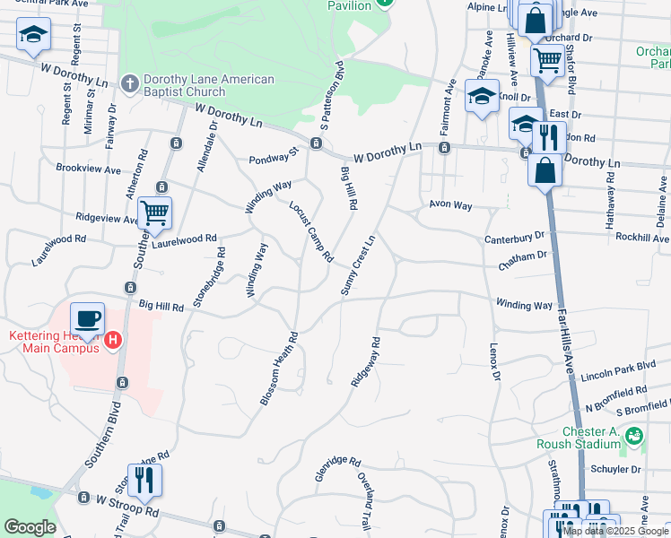 map of restaurants, bars, coffee shops, grocery stores, and more near 3189 Sunny Crest Lane in Kettering