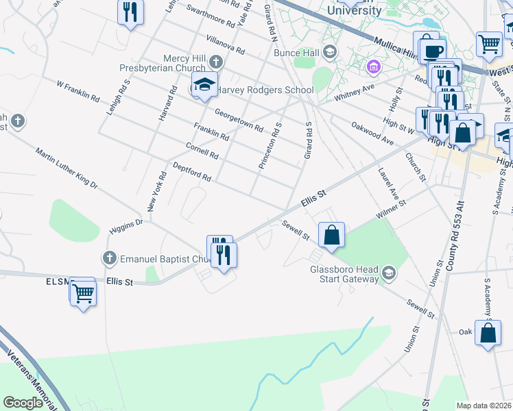 map of restaurants, bars, coffee shops, grocery stores, and more near 26 Deptford Road in Glassboro
