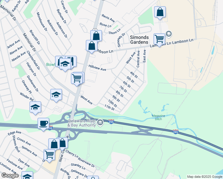 map of restaurants, bars, coffee shops, grocery stores, and more near 709 West Avenue in New Castle