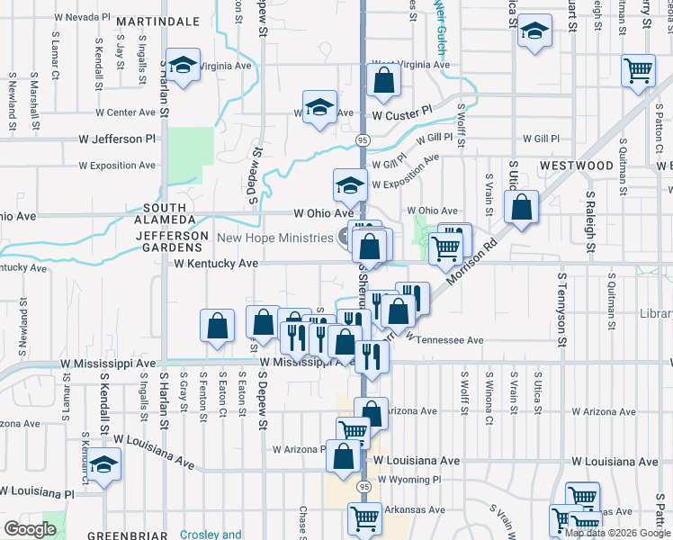 map of restaurants, bars, coffee shops, grocery stores, and more near 875 South Sheridan Boulevard in Lakewood