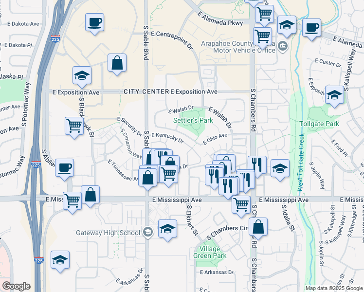 map of restaurants, bars, coffee shops, grocery stores, and more near 14798 East Ohio Avenue in Aurora