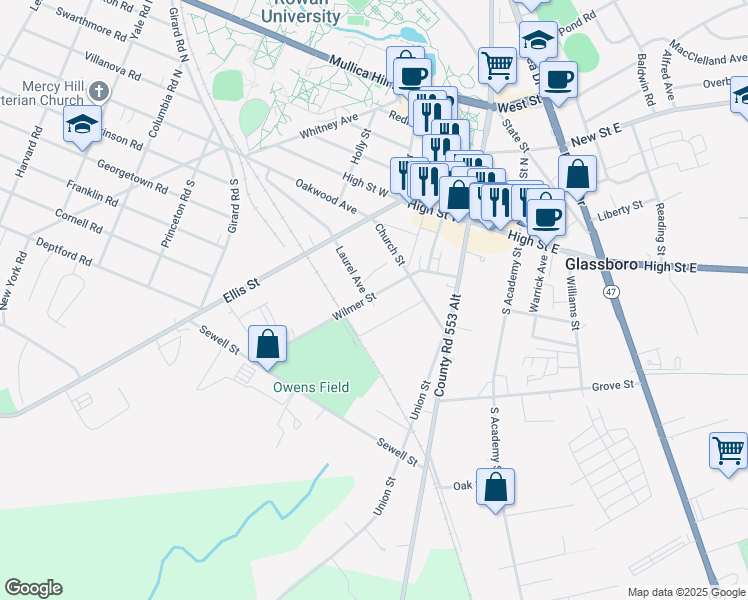 map of restaurants, bars, coffee shops, grocery stores, and more near 118 Wilmer Street in Glassboro