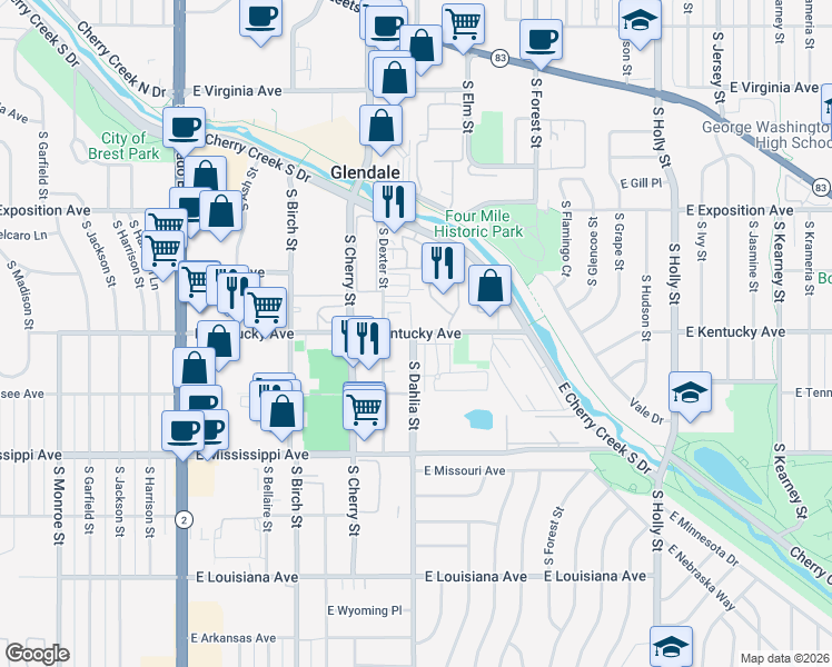 map of restaurants, bars, coffee shops, grocery stores, and more near 4805 East Kentucky Avenue in Denver