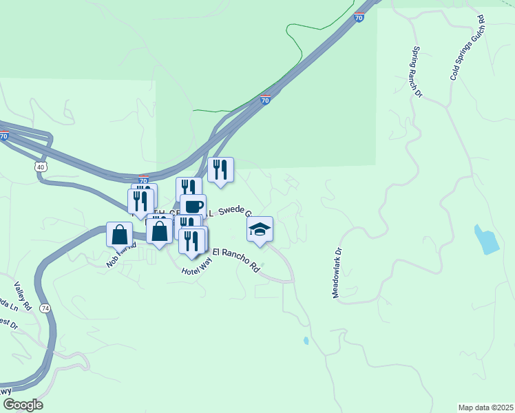map of restaurants, bars, coffee shops, grocery stores, and more near 1002 Swede Gulch Road in Evergreen