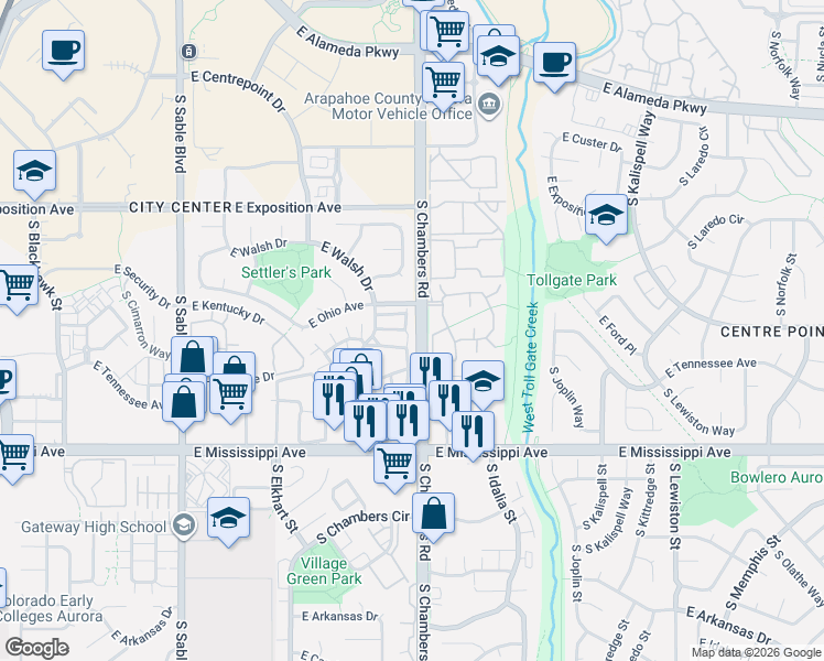 map of restaurants, bars, coffee shops, grocery stores, and more near 821 South Granby Circle in Aurora